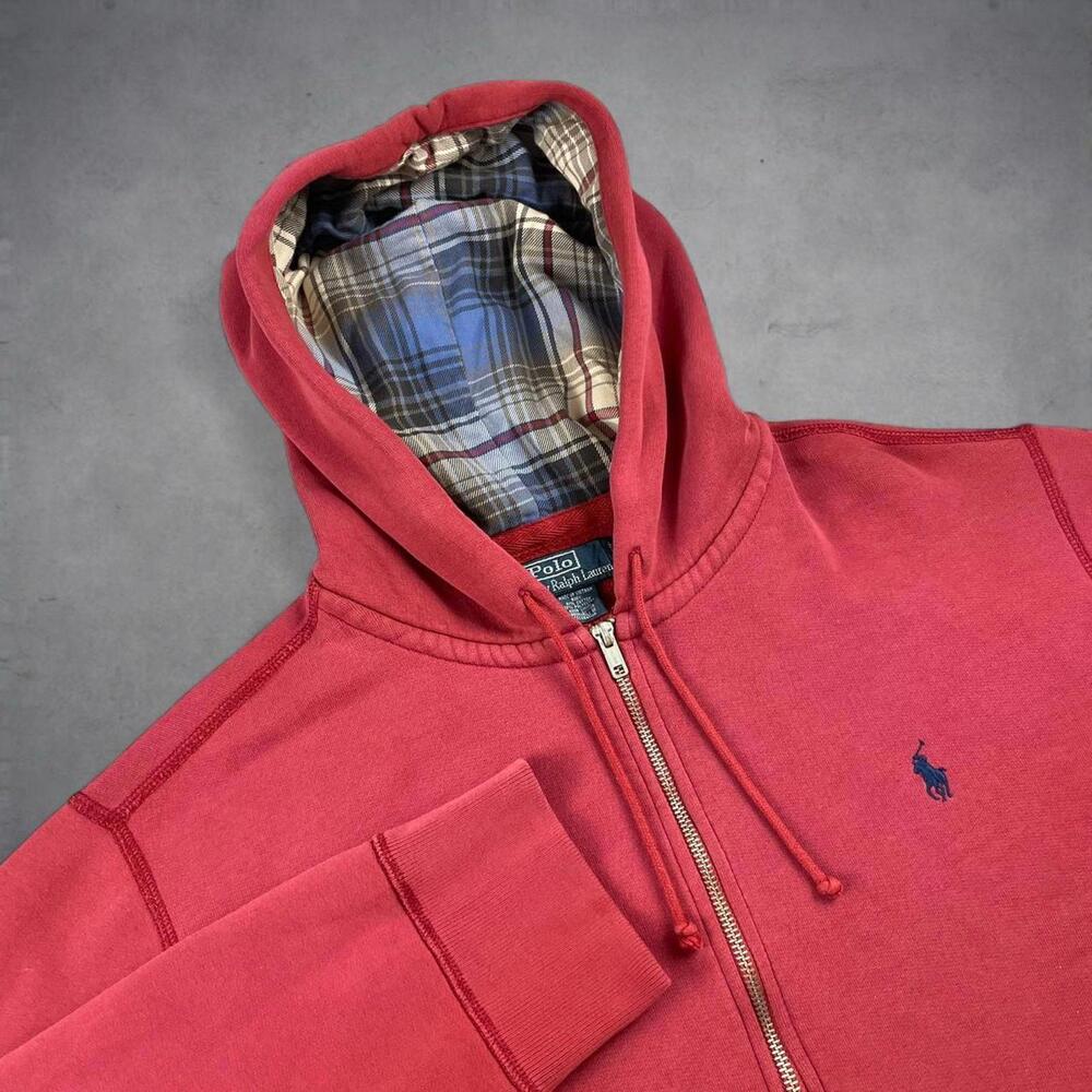 Polo Ralph Lauren Full Zip Hoodie Extra Large Red plaid lined hood vintage 90s - Picture 1 of 8